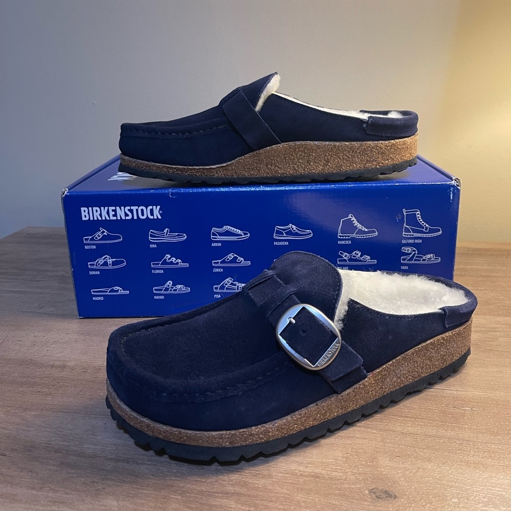 Birkenstock Buckley Shearling in Navy Blue with Silver Hardware